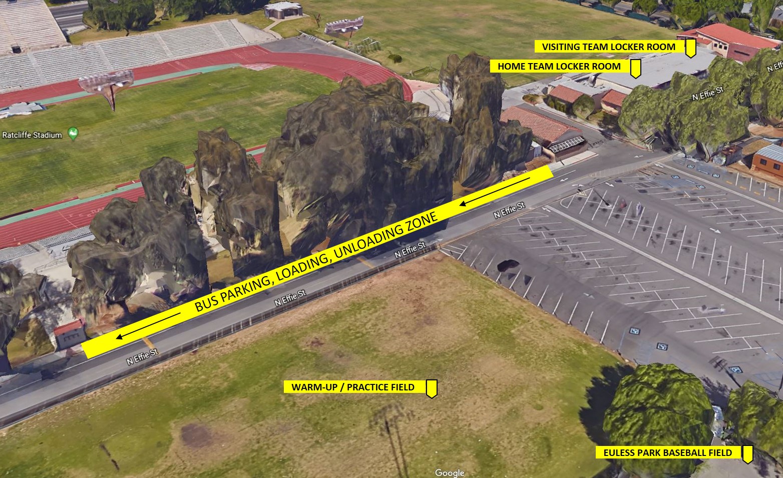 detailed instructions on how athletes/teams are to properly arrive and park at Ratcliffe Stadium prior to a sports game there.